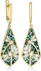 Ross-Simons Mother-Of-Pearl And Abalone Shell Dragonfly Mosaic Drop Earrings In 18kt Gold Over Sterling