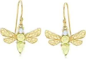 Ross-Simons 1.80 Ct. T.W. Peridot And .30 Ct. T.W. Swiss Blue Topaz Dragonfly Drop Earrings In 18kt Gold Over Sterling