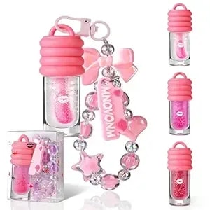 3pcs Glitter Lip Gloss Set With Keychain,Hydrating Clear Pink Red Tinted Lip Gloss For Girls,Glossy Shimmer High Shine Finish - With Keychain