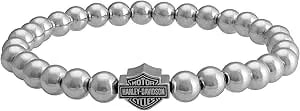 Harley-Davidson Women'S Large Beaded Bar & Shield Stretch Bracelet - Silver