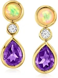 Ross-Simons Opal, 1.70 Ct. T.W. Amethyst And .13 Ct. T.W. Lab-Grown Diamond Drop Earrings In 18kt Gold Over Sterling