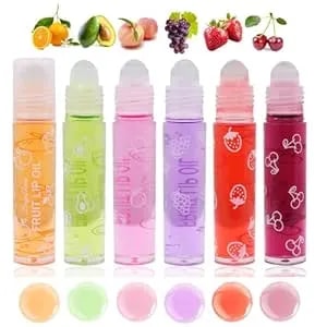 Baorder 6pcs Roll-On Lip Gloss Set,Fruit Flavored Roll On Rollerball Lip Oil,Transparent Plumping Lip Gloss,Non Toxic Lip-Makeup Set