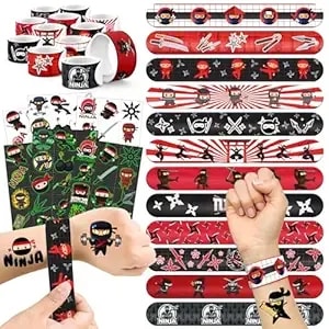 96 Pcs Ninja Party Favors Set – 72 Pre-Cut Temporary Tattoos & 24 Slap Bracelets For Kids, Cool Red & Black Ninja Birthday Party Supplies And Goodie Bag Fillers