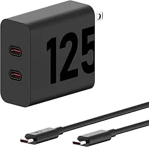 Motorola Turbopower 125w Duo - Gan Pps Dual Port Charger + 6.5a E-Marked 3.3ft Usb-C To Usb-C Cable For Moto Edge 50 Pro, Edge 50 Ultra, Edge 30 Ultra, High Powered Type C Laptops