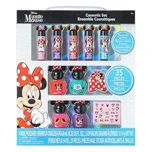 Disney Minnie Mouse Sparkly Cosmetic Makeup Set For Girls With Lip Balm Nail Polish Nail Stickers-35 Pcs - Perfect For Parties Sleepovers Makeovers - Birthday Gift For Girls By Townley Girl
