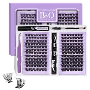 B&Qaugen Lash Extension Kit 192 Pcs Eyelash Extension Kit D Curl Lash Clusters Kit Wispy Individual Lash Kit Diy Lash Extension Kit With Lash Glue And Remover Applications (b05+b06, Kit)
