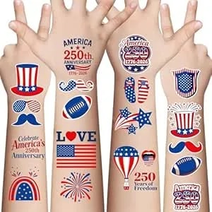 4th Of July Tattoos For Kids, 106pcs Fourth Of July Temporary Tattoos, Patriotic American Flag Stickers, Red White Blue Decor, 2026 Independence Day Party Favors & Supplies For The 250th Anniversary