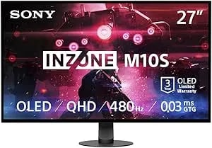 Sony Inzone m10s 27” Oled 1440p Gaming Monitor 480hz 0.03ms, Low Profile Stand, Tournament Mode, Dual Screen Size (24.5”), G-Sync Compatible, Anti-Glare, Custom Heatsink, 3-Year Oled Limited Warranty