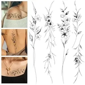 Leesgel Temporary Tattoos Women, 12 Sheets Long Flowers Vine Leaves Plant Tattoo For Women Adults, Black Semi Permanent Personality Waist Arm Foot Stick On Tattoos Stickers