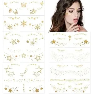 Glitter Face Tattoos Temporary For Women And Girls 10 Sheets, Metallic Gold Eye Makeup Star Freckle Stickers For Fairy, Princess, Halloween Costume, Christmas, Nye Festival Party Favors