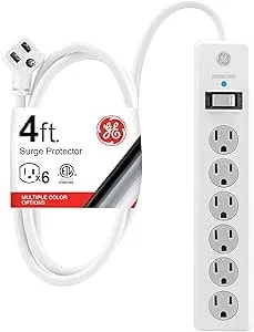 Ge Surge Protector Power Strip, 4 Ft Extension Cord, 6 Outlet Extender, 800 Joules, Flat Plug, Twist-To-Close Safety Covers, Etl Listed, White, 33658