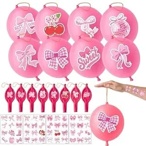 72 Pcs Pink Bow Party Favors – 48 Pre-Cut Temporary Tattoos & 24 Bow Punch Balloons Birthday Party Decorations Supplies Favors Gift Goodie Bag Fillers Classroom Rewards Boys Girls Bachelorette