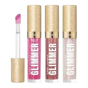 Revlon Super Lustrous Glimmer Gloss Gift Set, 3-Piece, Non-Sticky Lip Makeup, Plant-Based Glitter, High-Shine Finish, 008 Rose Glow, 005 Glazed Almond 001 Diamond Drama