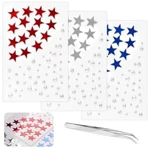 4th July Star Face Stickers Gems For Makeup, 3 Sheets Red Silver And Blue Face Glitter Rhinestone Jewels, Self Adhesive Face Eye Nail Body Gems Stick On For Patriotic Rave Festival Accessories