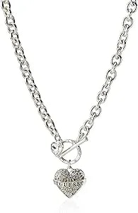 Guess Women'S Toggle Logo Charm Necklace, Silver, One Size