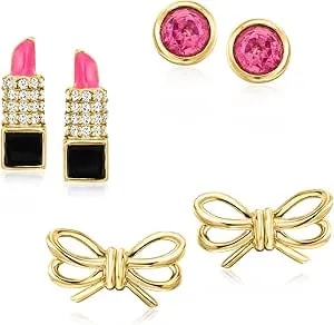 Ross-Simons 1.40 Ct. T.W. Pink And White Topaz Jewelry Set With Multicolored Enamel: 3 Pairs Of Accessory Earrings In 18kt Gold Over Sterling