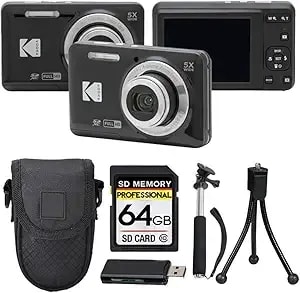 Kodak Pixpro fz55 Digital Camera, 16mp Compact Point & Shoot, 5x Optical Zoom, 28mm Wide Angle Lens, 1080p Hd Video, Black + 64gb Sd Card, Case, Selfie Stick, Mini Tripod & Usb Card Reader