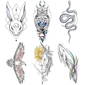 6 Sheets Mystical Geometric Animal Temporary Tattoos For Adults, Rabbit Owl Snake Eagle Lion Whale Fake Tattoo Stickers, Waterproof Long Lasting Body Art For Arm Chest