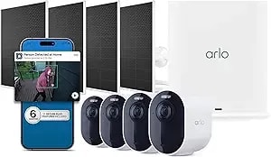 Arlo Ultra Security Camera 4k Hdr (3rd Gen, 2025 Release), Smarthub, 4 Cam + 4 Solar Panels + 6 Months Of Secure Plus Plan, Ai Detection - Person, Vehicle, Package & Animal, 180° Field Of View, White