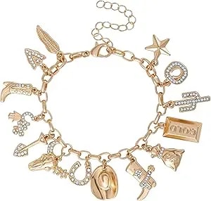 Jessica Simpson Gold Tone Charm Bracelet For Women 7"+3", Western Bracelets For Women, 14 Charms With Crystals