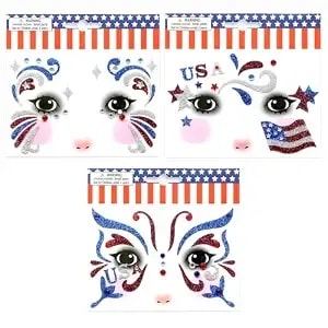 4th Of July Temporary Tattoos For Adults Face Gems Stickers Red White Blue Glitter Star Independence Day Memorial Day 3 Pcs