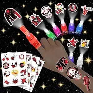 72 Pcs Rock Party Favors – 48 Pcs Tattoos & 24 Pcs Led Finger Lights Combo – Birthday Goodie Bag Fillers, Party Supplies, Gifts Light Up Toys Glow In The Dark For Boys And Girls