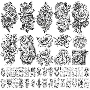 40 Sheets Waterproof Temporary Tattoos Flowers Rose Butterfly Fake Tattoo Mix Style Lasting Body Art Tattoo Stickers For Women Or Girls