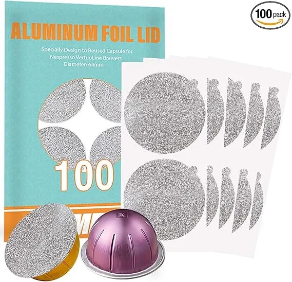 Capmesso Aluminum Foils Lids To Reuse Vertuoline Capsules Coffee Pods Compatible With Nespresso Vertuoline Machine 64mm(100/Package)