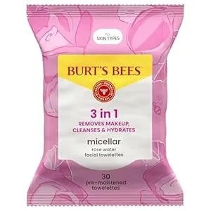 Burt’S Bees Micellar Rose Water Facial Towelettes, 100% Plant Based Cloth; 99% Natural Origin; Remove Makeup, Cleanse, Hydrate; No Greasy, Oily Residue; All Skin Types (Pack May Vary)