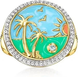 Ross-Simons 0.30 Ct. T.W. White Topaz And Multicolored Enamel Beach Ring With .10 Carat Swiss Blue Topaz In 18kt Gold Over Sterling