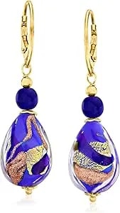Ross-Simons Italian Blue And Goldtone Murano Glass Drop Earrings In 18kt Gold Over Sterling
