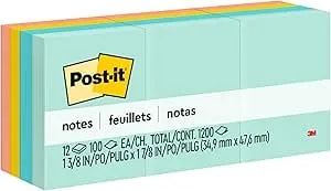 Post-It Notes, 1 3/8 In X 1 7/8 In, 12 Sticky Note Pads, 100 Sheets Per Pad, Beachside Café Collection, School Supplies And Office Products