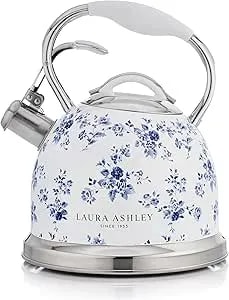 Laura Ashley China Rose Stovetop Kettle With Whistle - 2.5l Fast Boil Stainless Steel Kettle Stove Top - Silicon Coated Cool Handle Camping Kettle For Gas, Induction Hob - Compatible With Aga Stove