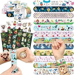 96 Pcs Alice In Wonderland Party Favor Set - Slap Bracelets & Tattoos, Fairytale Princess Birthday Gifts For Girls, Tea Party Decorations, Bulk Toys For Kids