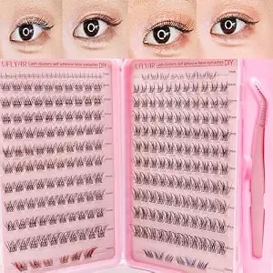 Self Adhesive Press On Lash Cluster Kit, No Glue Diy Lash Extensions - 242pcs Dual Style Upper, Bottom & Colored Lashes, Non-Stick Tweezers, Reusable No Residue, Double-Reinforced Base