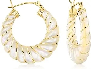 Ross-Simons Carved Mother-Of-Pearl Hoop Earrings With 14kt Yellow Gold