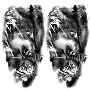 2 Sheets Wolf Compass Temporary Tattoos For Adults, Wolf Compass Nature Fake Tattoo Stickers, Waterproof Long Lasting Body Art For Arm Chest