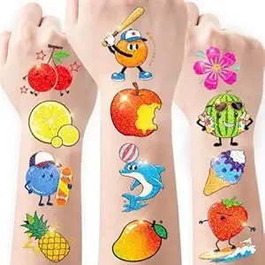 108 Pcs Glitter Summer Fruit Temporary Tattoos For Kids – Pre-Cut - Hawaiian Luau Party Favors, Beach Pool Birthday Supplies, Cute Kids Creative Accessories