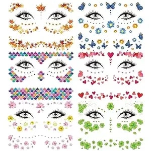 6 Sheets Flash Glitter Face Temporary Tattoos For Kids Adults, Cute Butterfly Flower Heart Fake Tattoo Stickers, Waterproof Long Lasting Body Art For Face Arm Wrist
