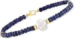 Ross-Simons Cultured Pearl And 28.00 Ct. T.W. Beaded Sapphire Bracelet In 14kt Yellow Gold