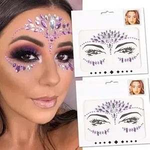 Purple Rhinestone Face Stickers 2-Pack – Self-Adhesive Face Gems For Party, Prom, Halloween & Birthday – Temporary Tattoo Jewelry Stickers – Glittery & Waterproof Face Decor For Adults & Kids (Purple)
