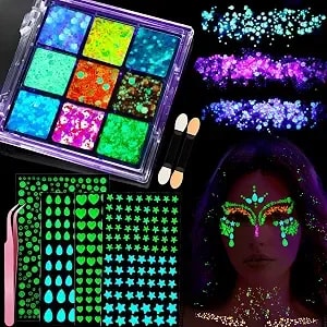 Ygdz Glow In The Dark Body Glitter, Face Glitter Gel, Mermaid Face Gems Kit, Hair Glitter Jewels For Makeup, Festival Outfits For Uv Black Light Party, Rave Accessories For Women
