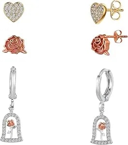 Disney Beauty And The Beast Tri-Tone Heart Flower Rose 3-Piece Earring Set For Women, Silver Plated, Elegant Gift For Her