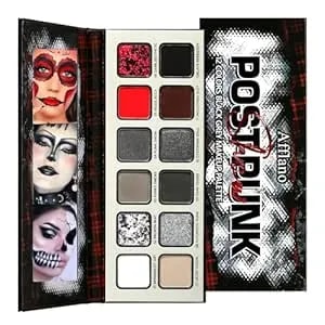 Afflano Goth Makeup Gray Black Eyeshadow Palette, Grunge Smokey Eye Eyeshadow Palette Highly Pigmented, Blendable Chrome Glitter Silver White Grey Dark Red Eye Shadow Palette, Emo Sfx Halloween Makeup