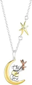 Disney Winnie The Pooh Tri-Tone Crystal Moon Pendant Necklace For Women, Silver Plated, 16"+2" Extender