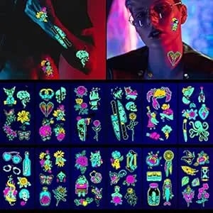 Glow In The Dark Tattoos, Acsaummy 12 Sheet Neon Tattoo Makeup Fake Tattoos Rave Festival Accessory Temporary Tattoo For Women Men Face Arm Body Blacklight Butterfly Tattoo Adult Party Supplies