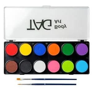 Tag Face Paint And Body Paint Professional 12 Color Palette - 10g Regular Primary & Secondary Cakes - Safe For Sensitive Skin, Wax-Based Opaque Makeup With 2 Artist Brushes
