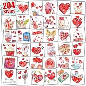 Partywind 204 Glitter Styles Valentine'S Day Kids Temporary Tattoos, Valentines Party Supplies Favors Goodie Bag Stuffers, Exchange Surprise For Kids Classroom Prizes (Individually Wrapped Cut)