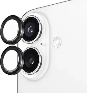 Pelican Camera Lens Protector With Aluminum Rings For Iphone 16 / Iphone 16 Plus - 9h Tempered Glass - Durable Anti-Scratch, Anti-Shatter, Hd View W/Night Shoot, Case Friendly, Easy Install - Black