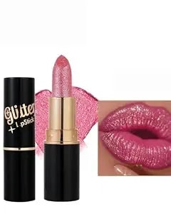 Rose Pink Metallic Glitter Lipstick Long Lasting,Diamond Nude Shimmer Lip Gloss High Pigment Lip Red Color Matte Lip Stick For Women,Sparkling Shiny Transfer Proof Non Stick Tinted Lip Balm Makeup-03